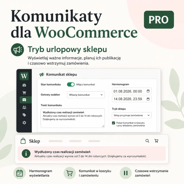 Komunikaty dla WooCommerce Pro – tryb urlopowy sklepu