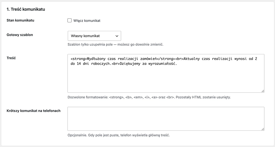 Komunikaty dla WooCommerce Pro – tryb urlopowy sklepu