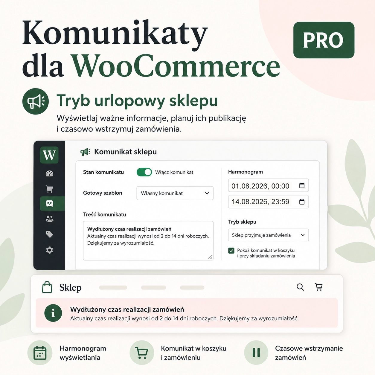 Komunikaty dla WooCommerce Pro – tryb urlopowy sklepu