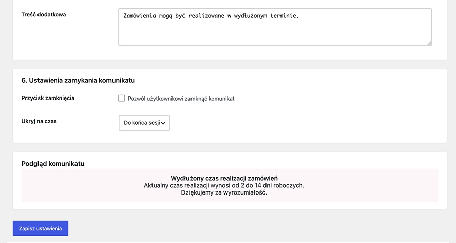Komunikaty dla WooCommerce Pro – tryb urlopowy sklepu