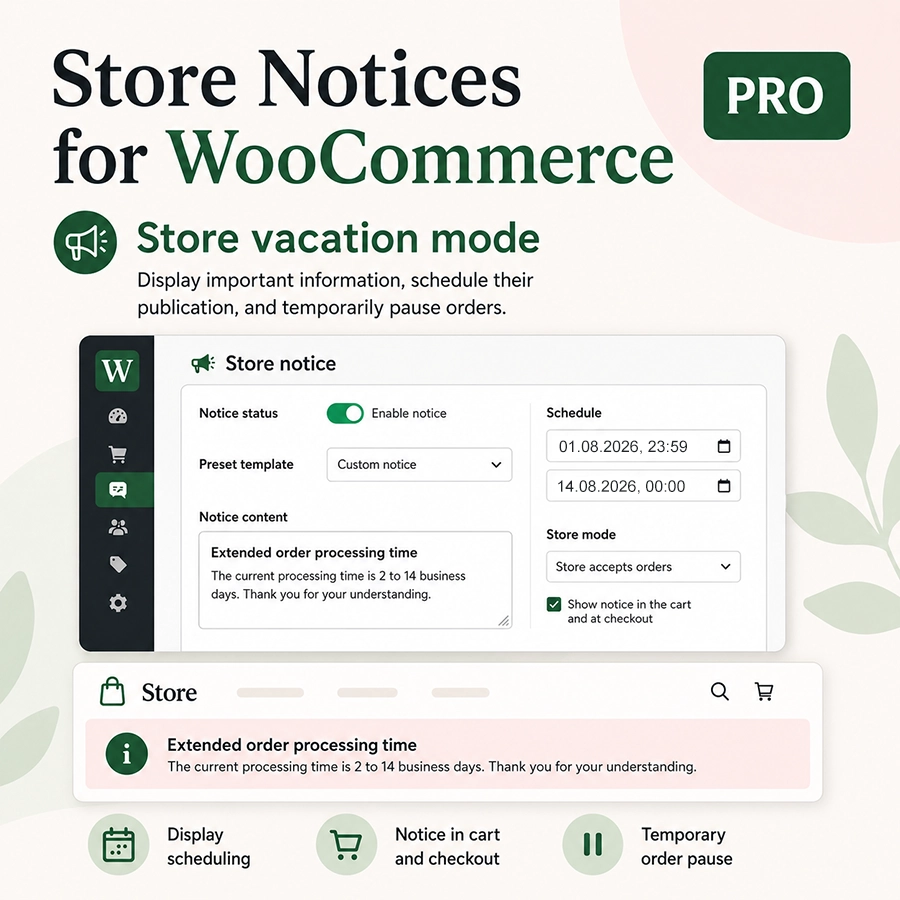 Komunikaty dla WooCommerce Pro – tryb urlopowy sklepu